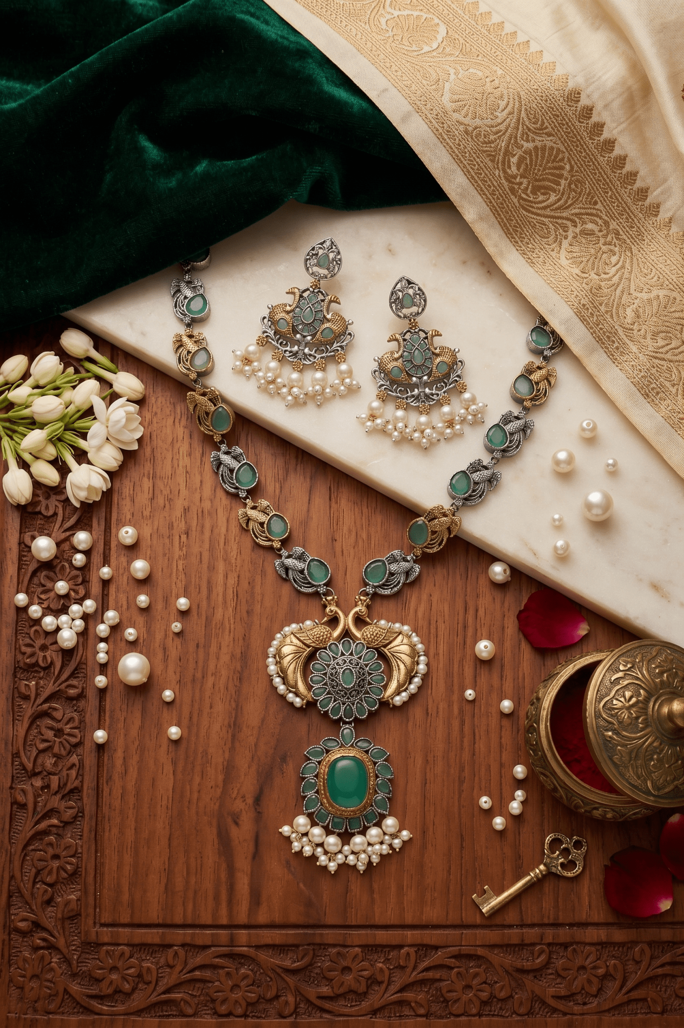 Royal Aqua Dual - Tone Peacock Necklace Set - Maxiblink