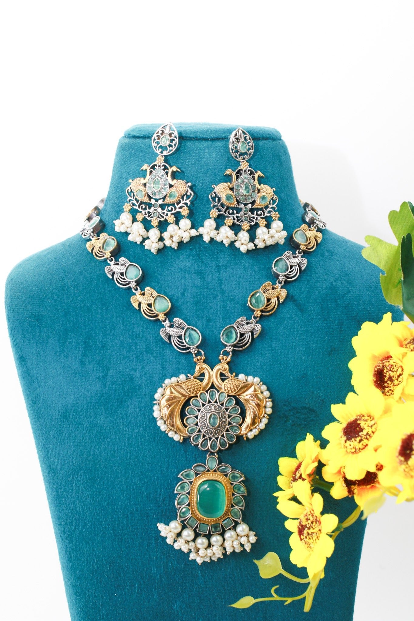 Royal Aqua Dual - Tone Peacock Necklace Set - Maxiblink
