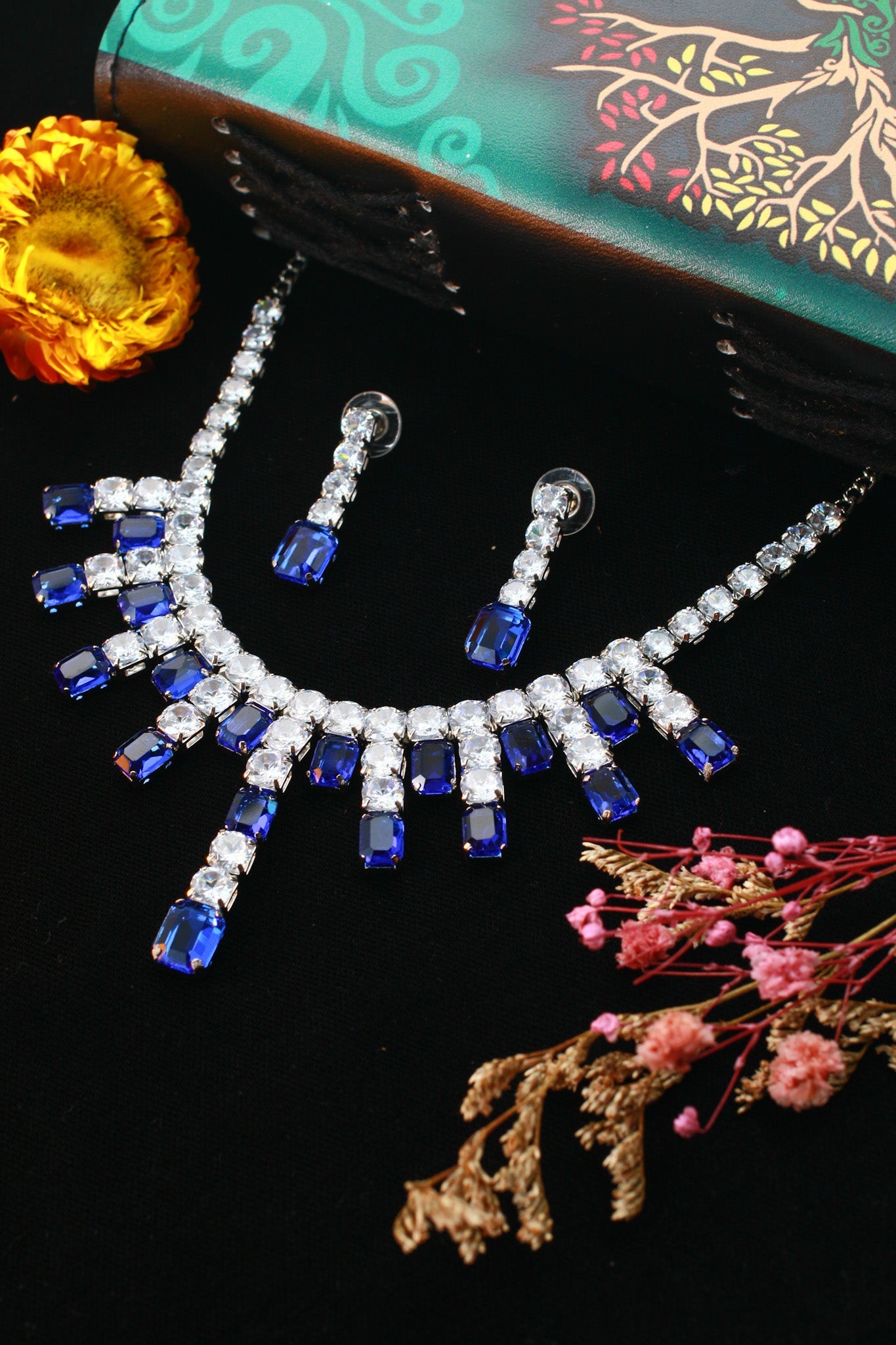 Royal Blue Crystal Drop Korean Glass Stone Necklace Set | Luxury Jewellery - Maxiblink
