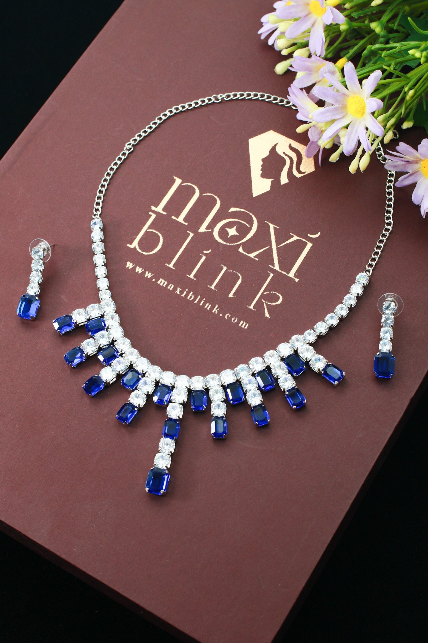 Royal Blue Crystal Drop Korean Glass Stone Necklace Set | Luxury Jewellery - Maxiblink