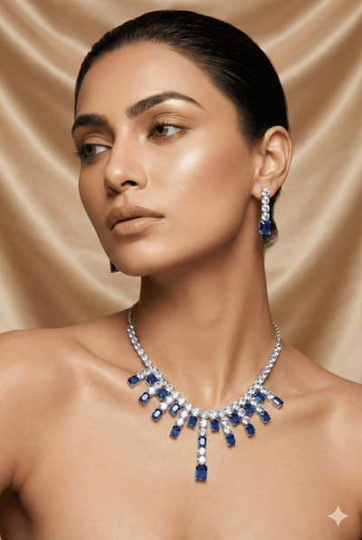 Royal Blue Crystal Drop Korean Glass Stone Necklace Set | Luxury Jewellery - Maxiblink