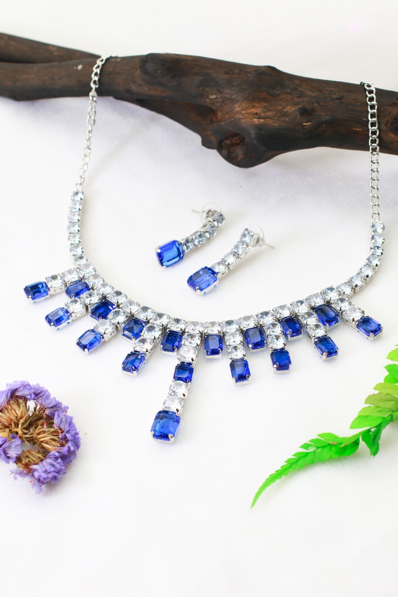 Royal Blue Crystal Drop Korean Glass Stone Necklace Set | Luxury Jewellery - Maxiblink