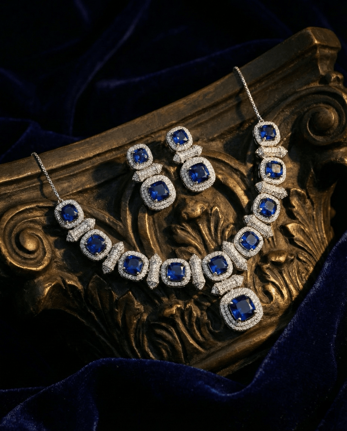 Royal Blue Cushion Cut Necklace Set with Diamond Finish | Premium Party Jewellery - Maxiblink