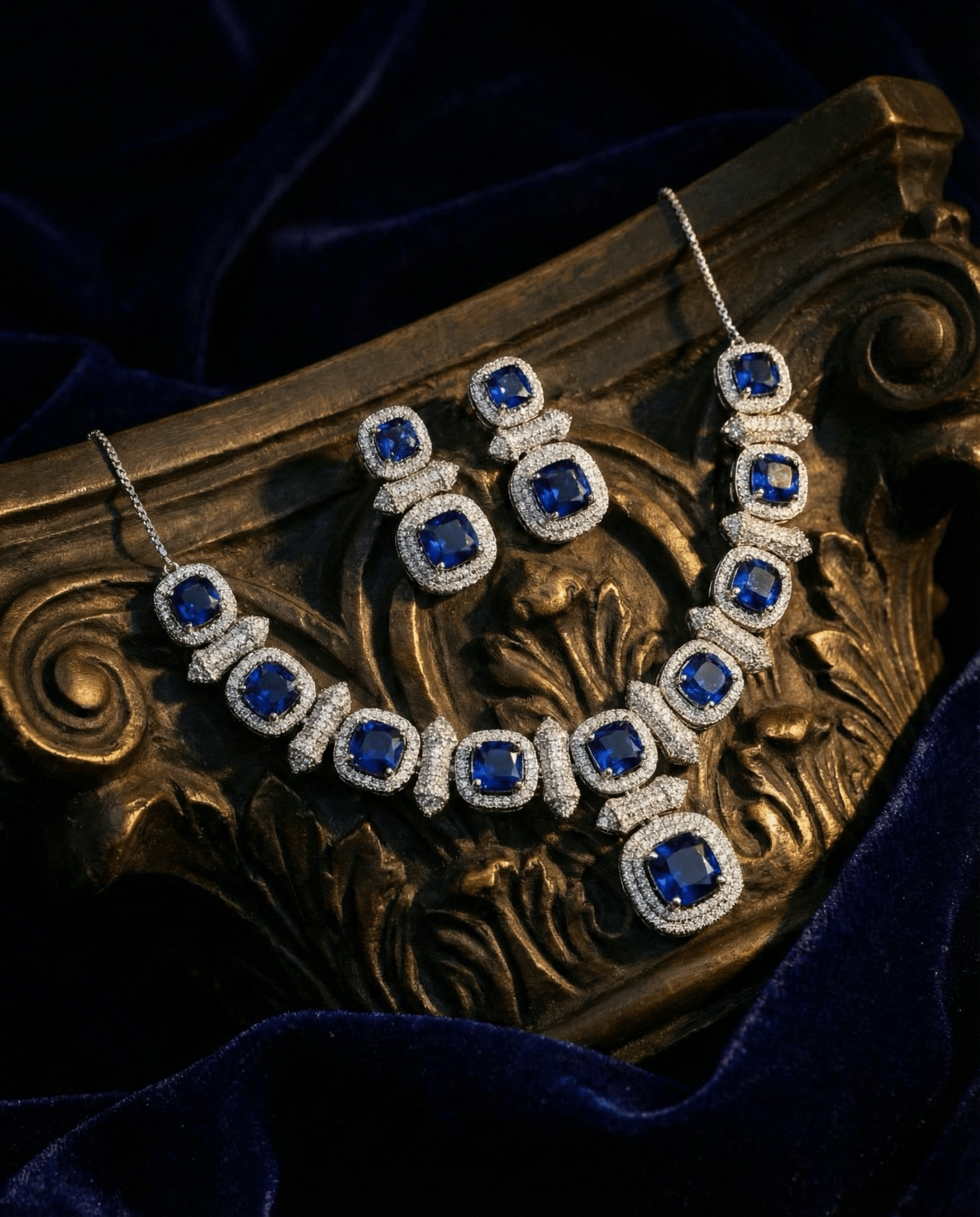 Royal Blue Cushion Cut Necklace Set with Diamond Finish | Premium Party Jewellery - Maxiblink