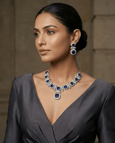 Royal Blue Cushion Cut Necklace Set with Diamond Finish | Premium Party Jewellery - Maxiblink