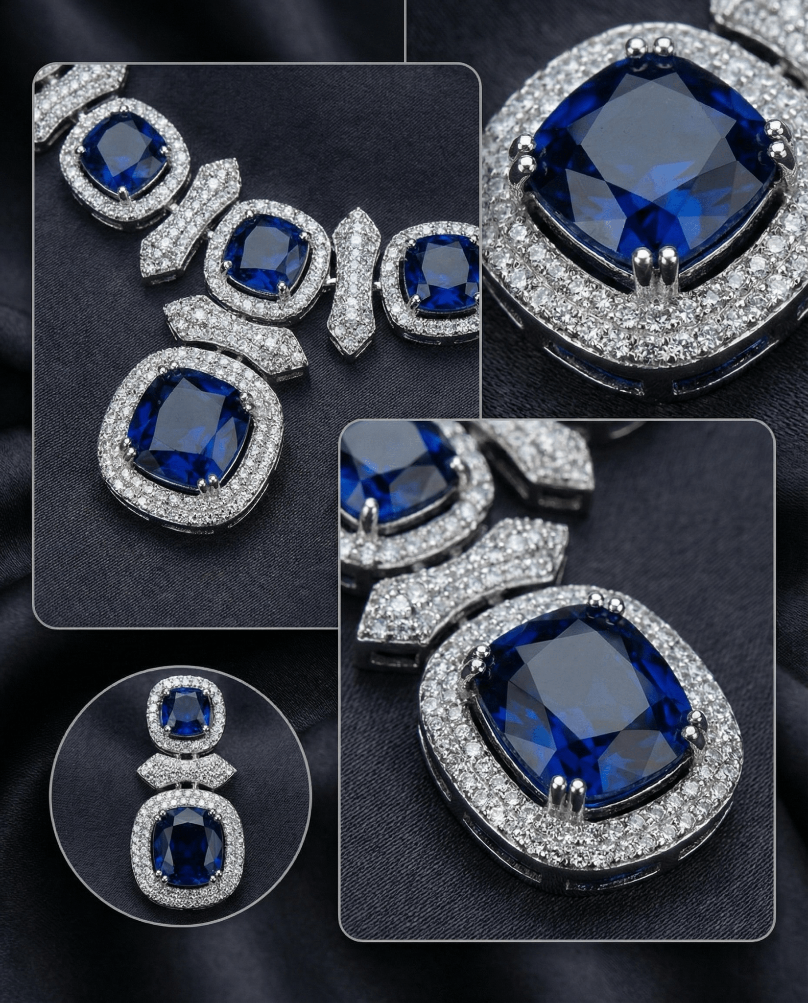Royal Blue Cushion Cut Necklace Set with Diamond Finish | Premium Party Jewellery - Maxiblink