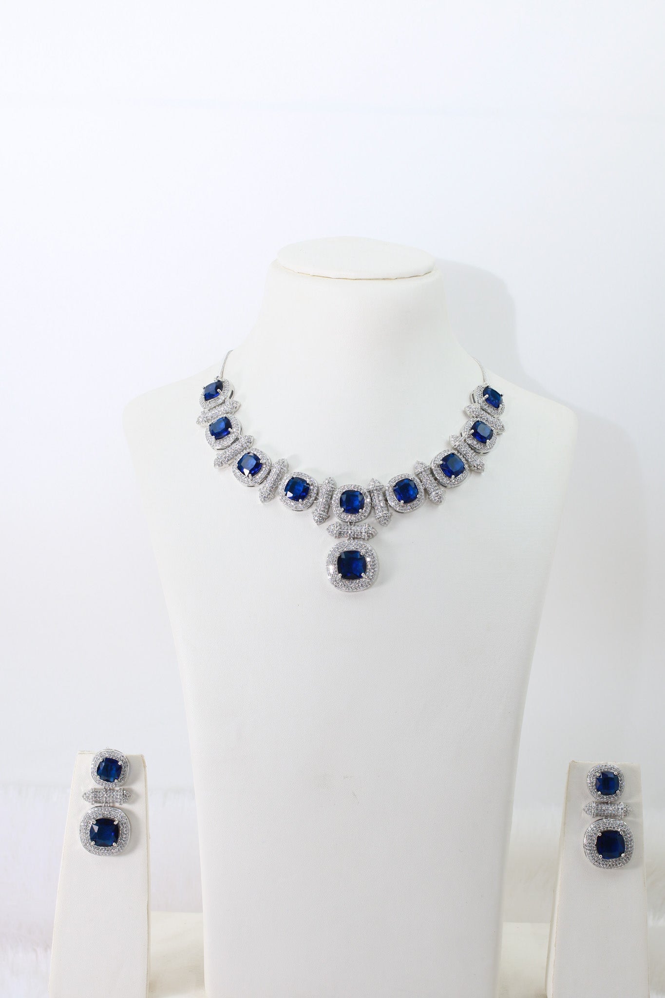 Royal Blue Cushion Cut Necklace Set with Diamond Finish | Premium Party Jewellery - Maxiblink