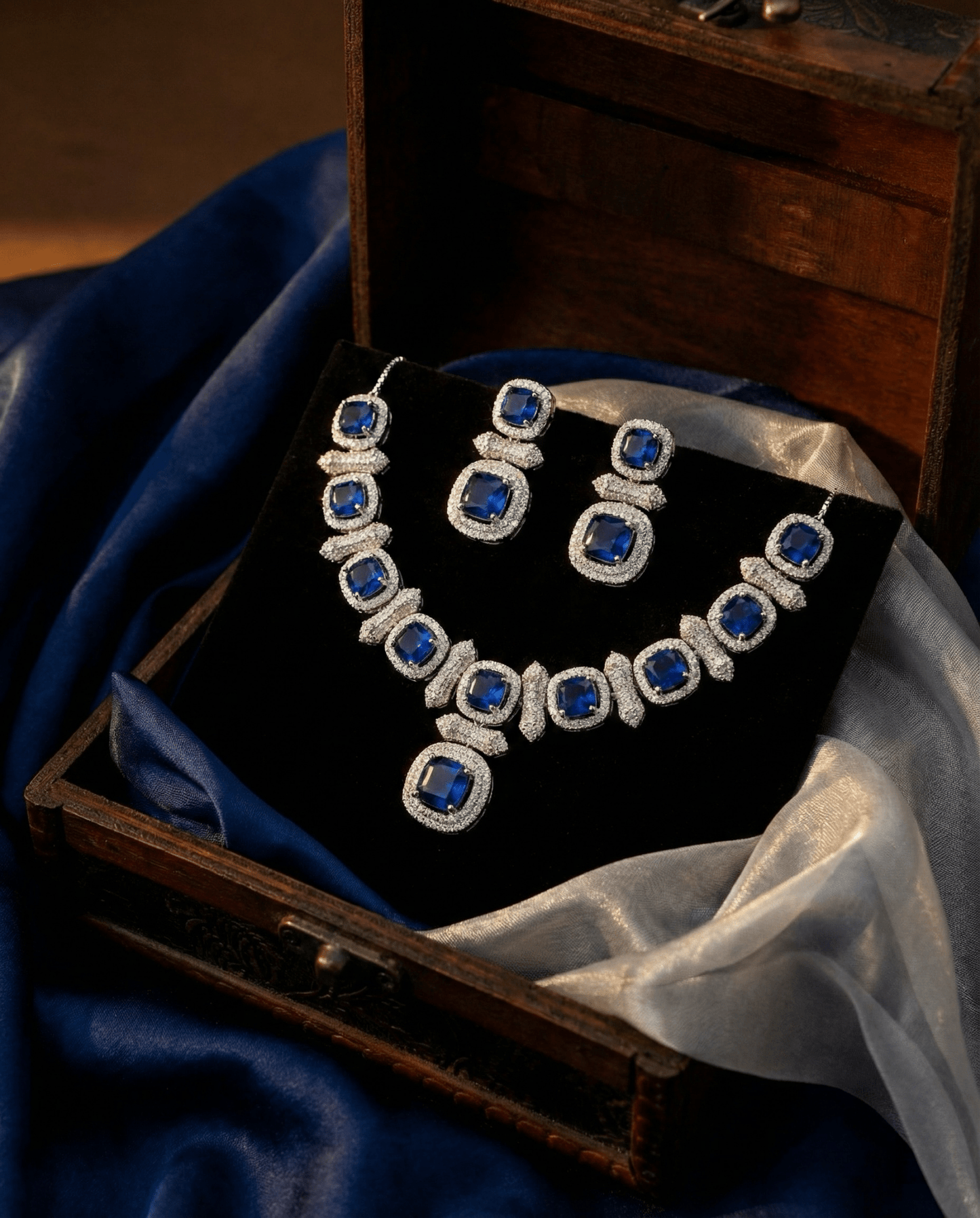 Royal Blue Cushion Cut Necklace Set with Diamond Finish | Premium Party Jewellery - Maxiblink