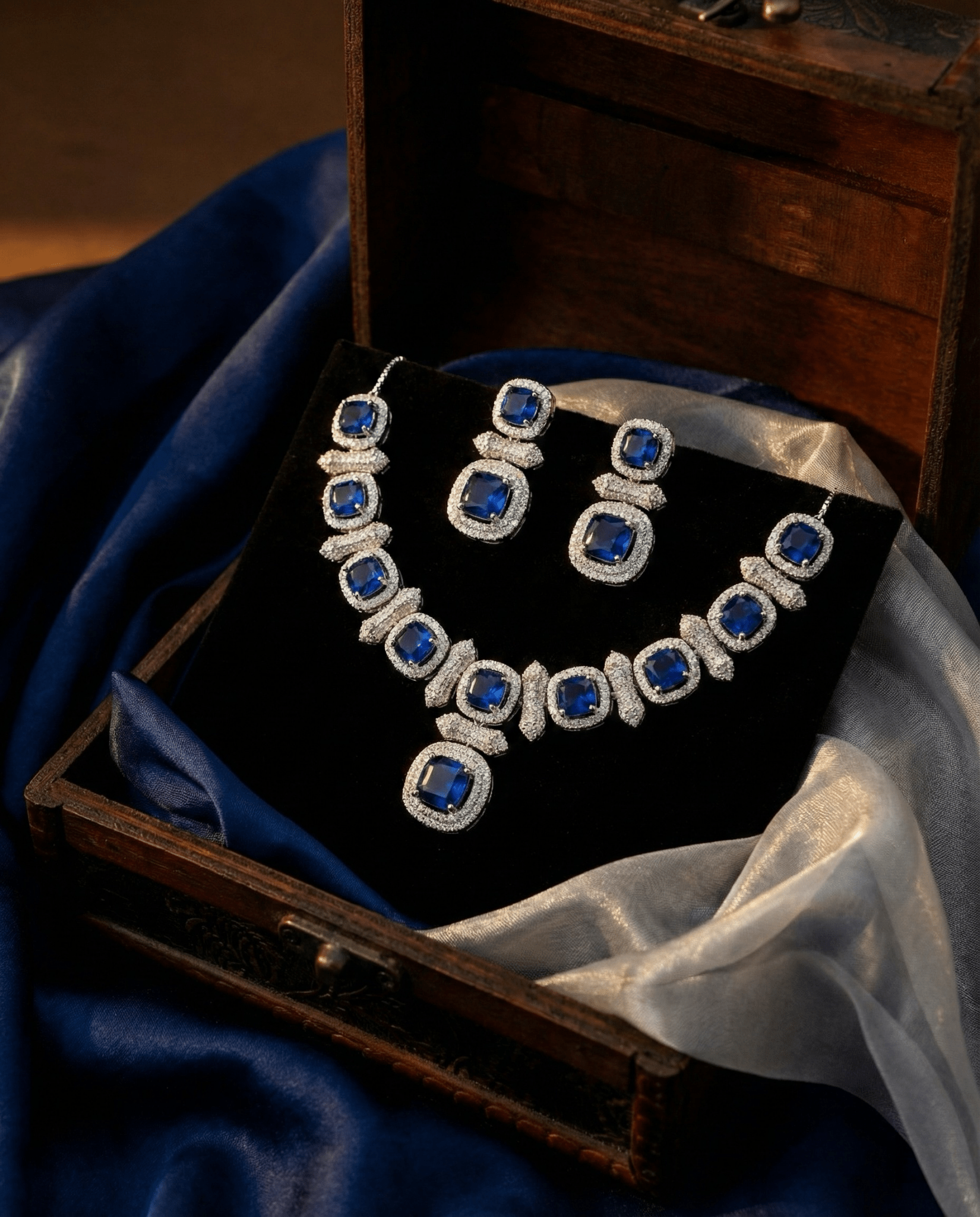 Royal Blue Cushion Cut Necklace Set with Diamond Finish | Premium Party Jewellery - Maxiblink