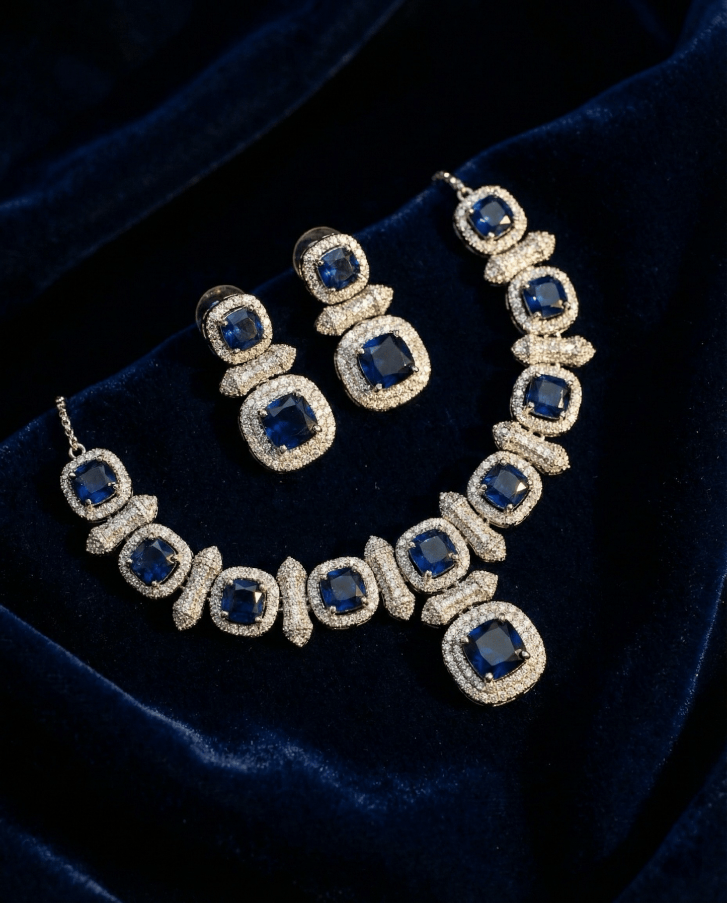 Royal Blue Cushion Cut Necklace Set with Diamond Finish | Premium Party Jewellery - Maxiblink