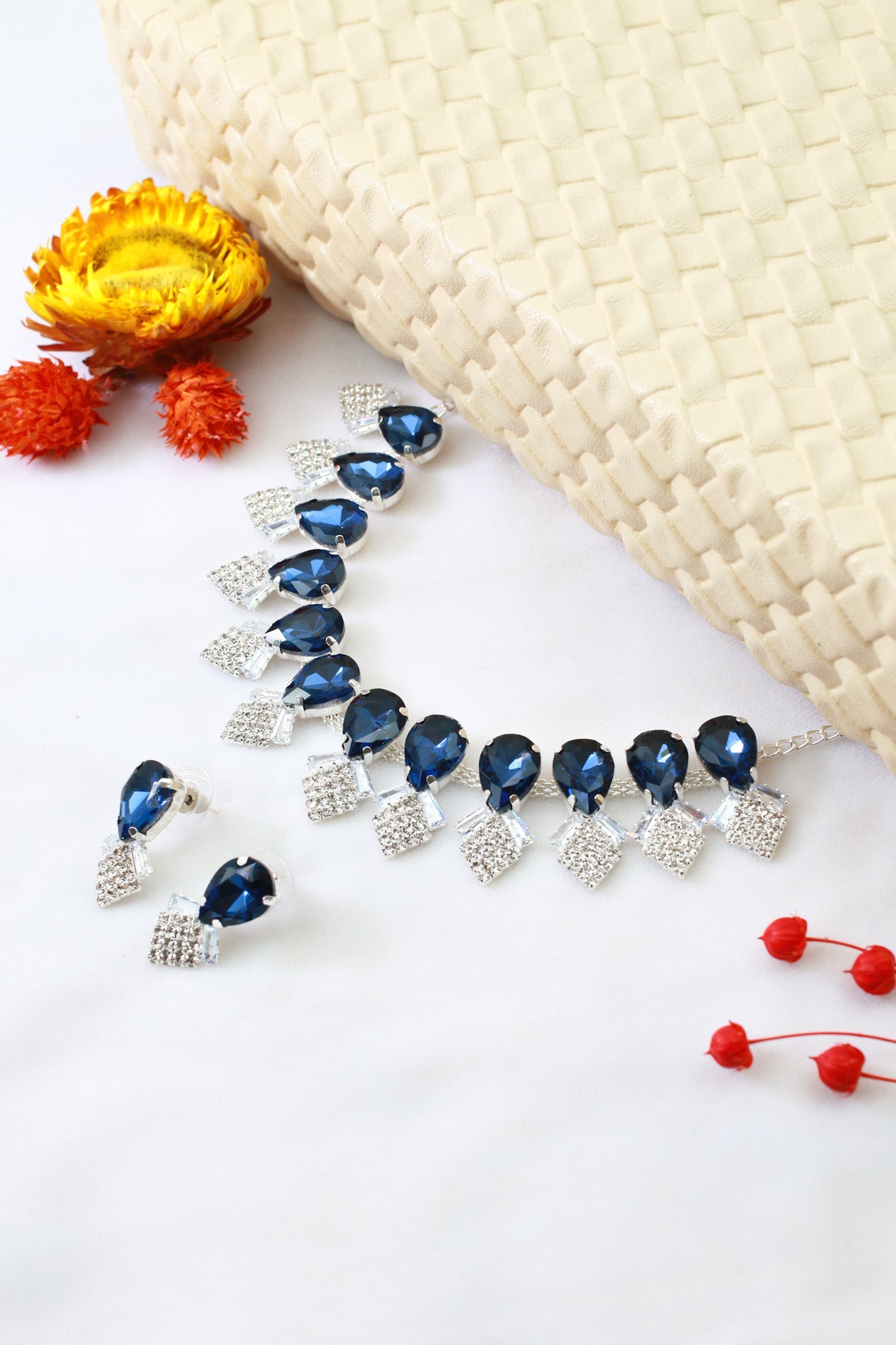 Royal Blue Korean Glass Stone Necklace Set | Luxury Crystal Jewellery - Maxiblink