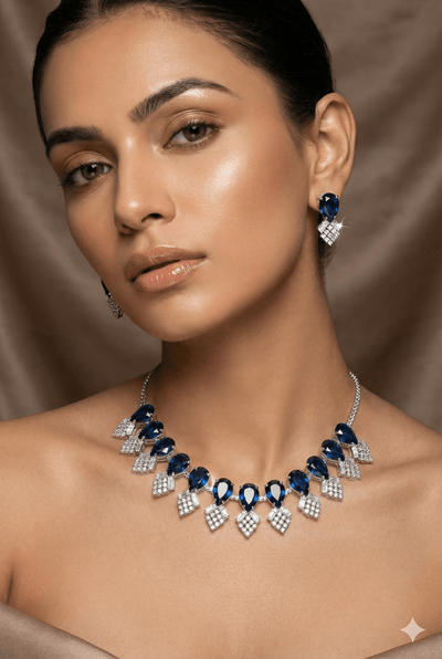 Royal Blue Korean Glass Stone Necklace Set | Luxury Crystal Jewellery - Maxiblink