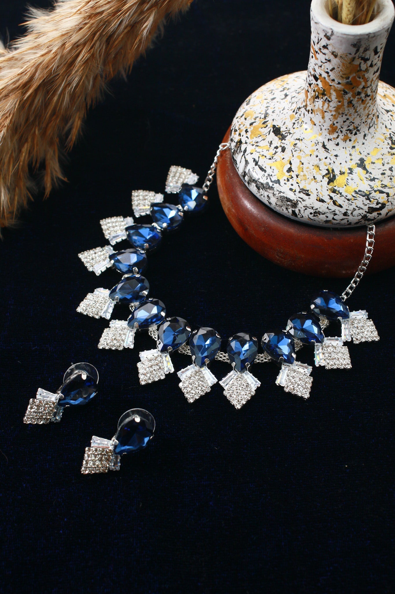 Royal Blue Korean Glass Stone Necklace Set | Luxury Crystal Jewellery - Maxiblink
