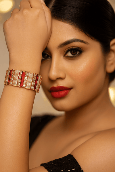 Royal Gold Kada with Red and White Stone Embellishments - Maxiblink