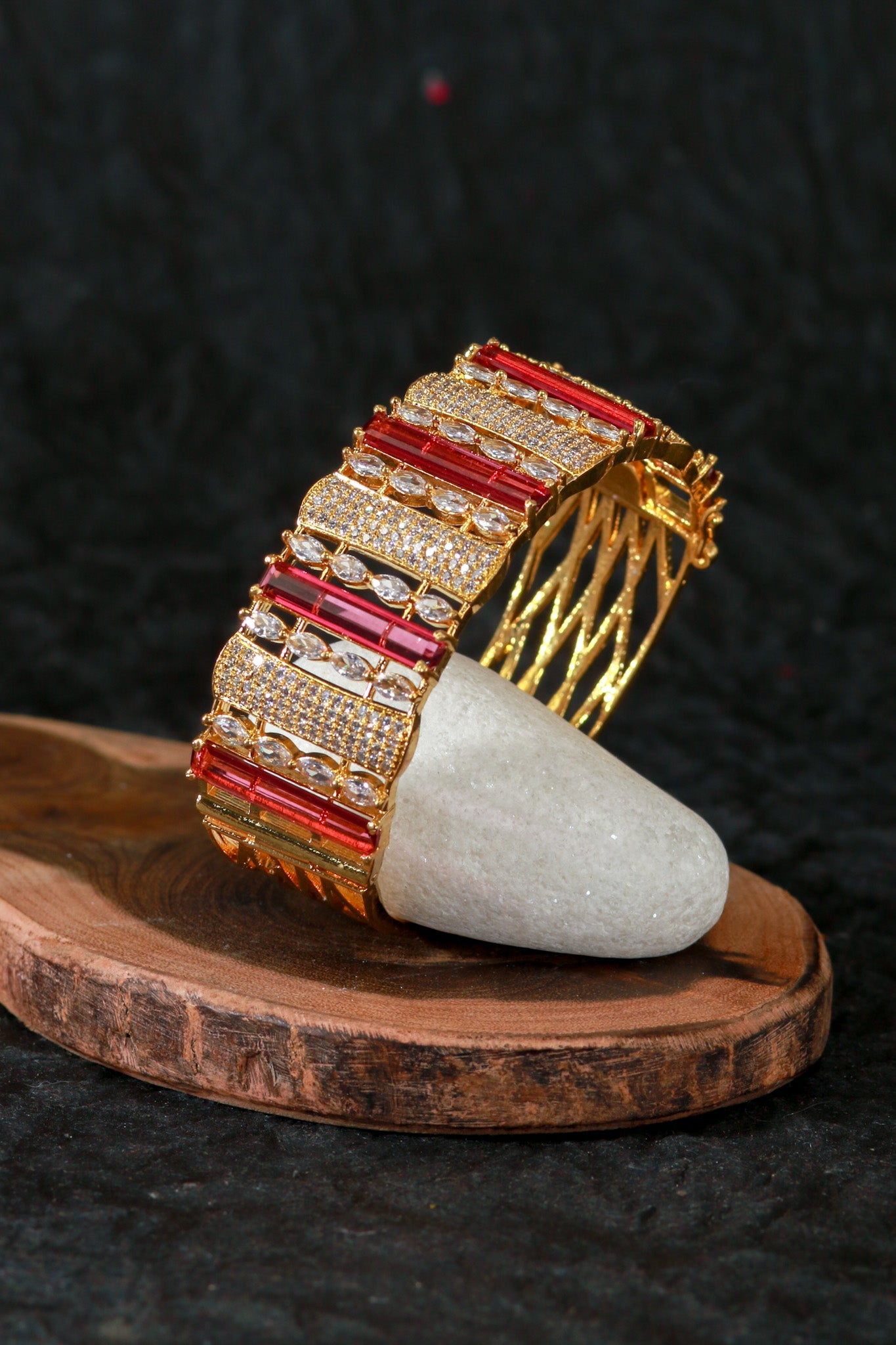 Royal Gold Kada with Red and White Stone Embellishments - Maxiblink