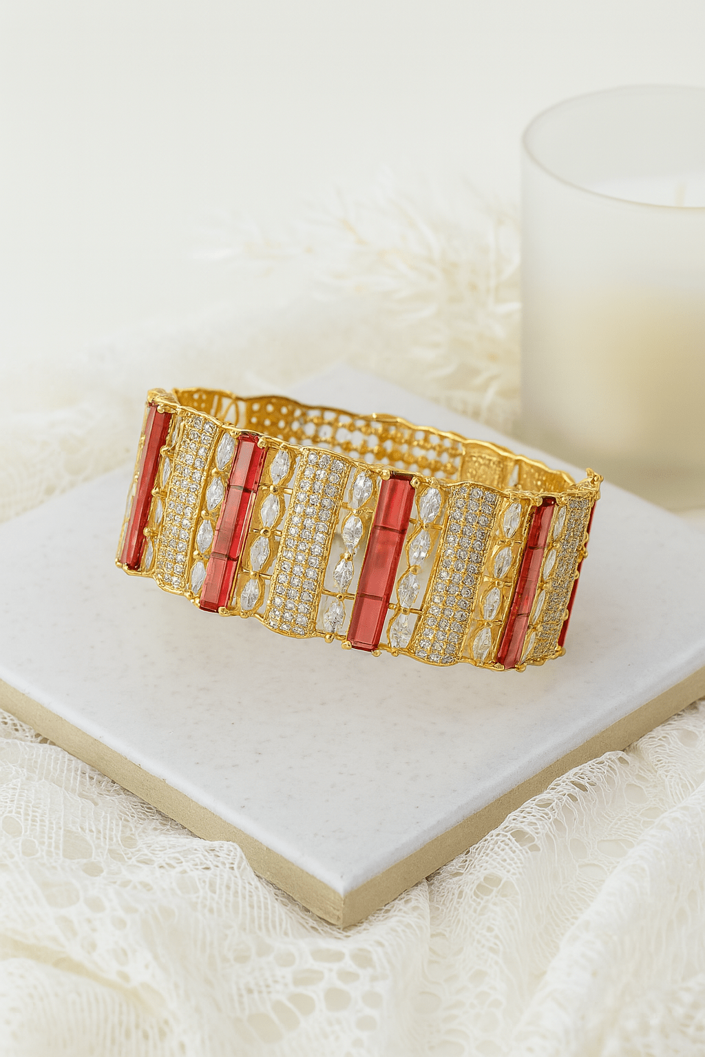 Royal Gold Kada with Red and White Stone Embellishments - Maxiblink