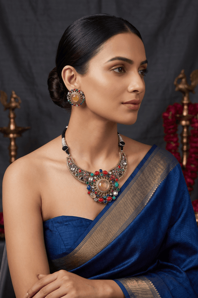 Royal Multicolor Kundan Statement Collar Necklace Set - Maxiblink