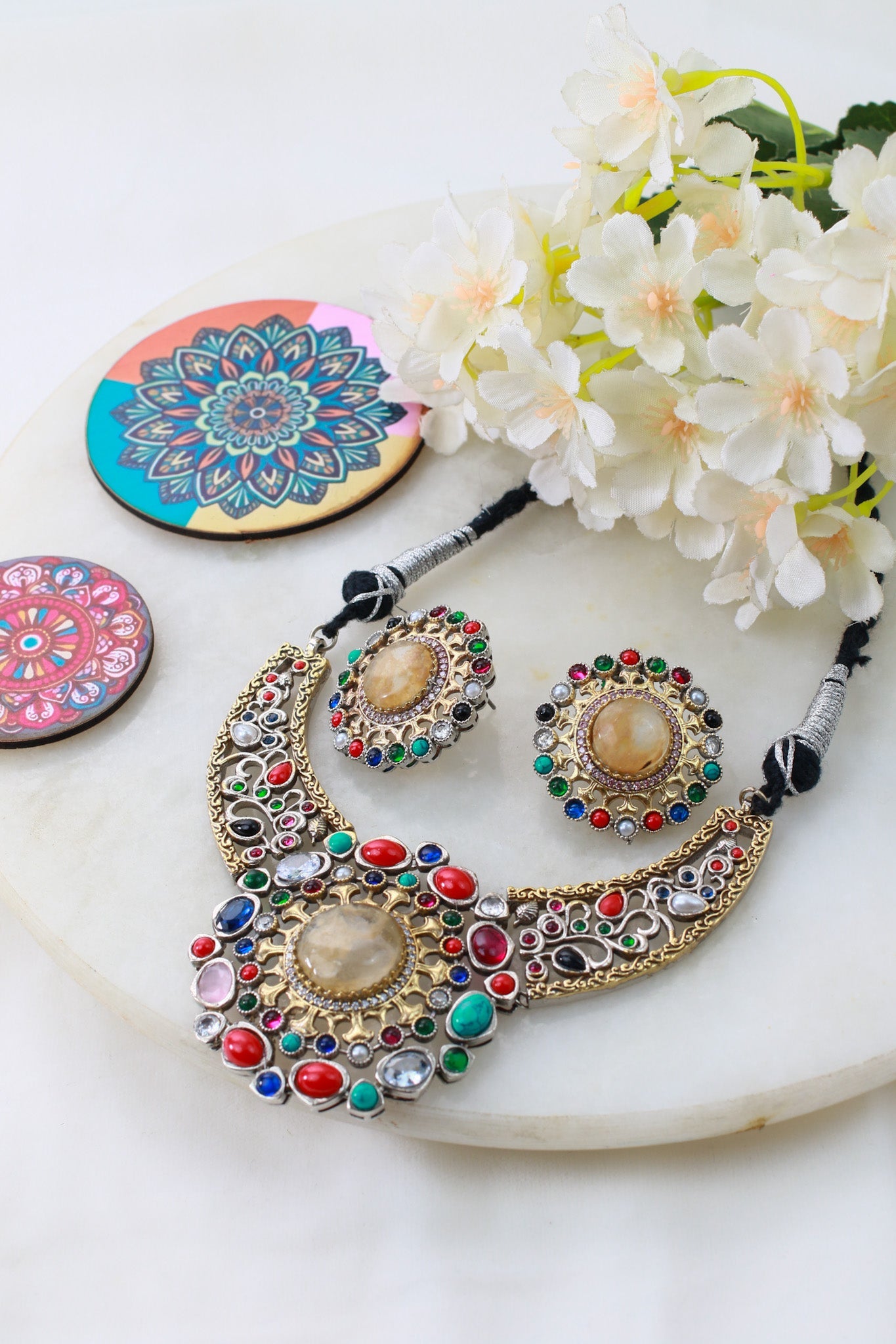 Royal Multicolor Kundan Statement Collar Necklace Set - Maxiblink