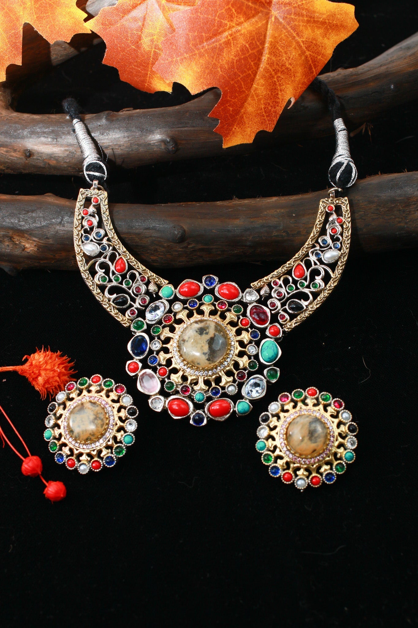 Royal Multicolor Kundan Statement Collar Necklace Set - Maxiblink