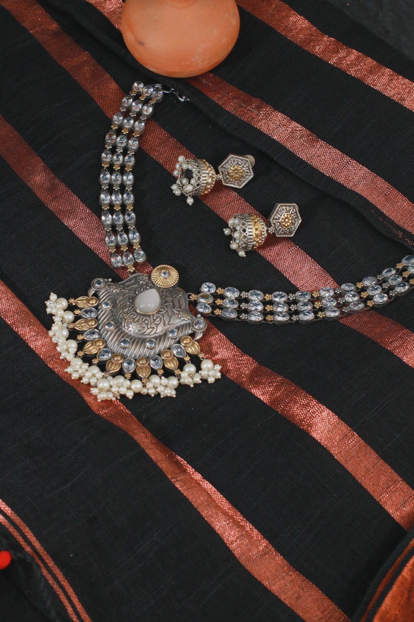 Royal Oxidised Kundan Style Necklace Set with Earrings for Women - Maxiblink