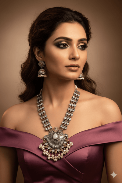 Royal Oxidised Kundan Style Necklace Set with Earrings for Women - Maxiblink