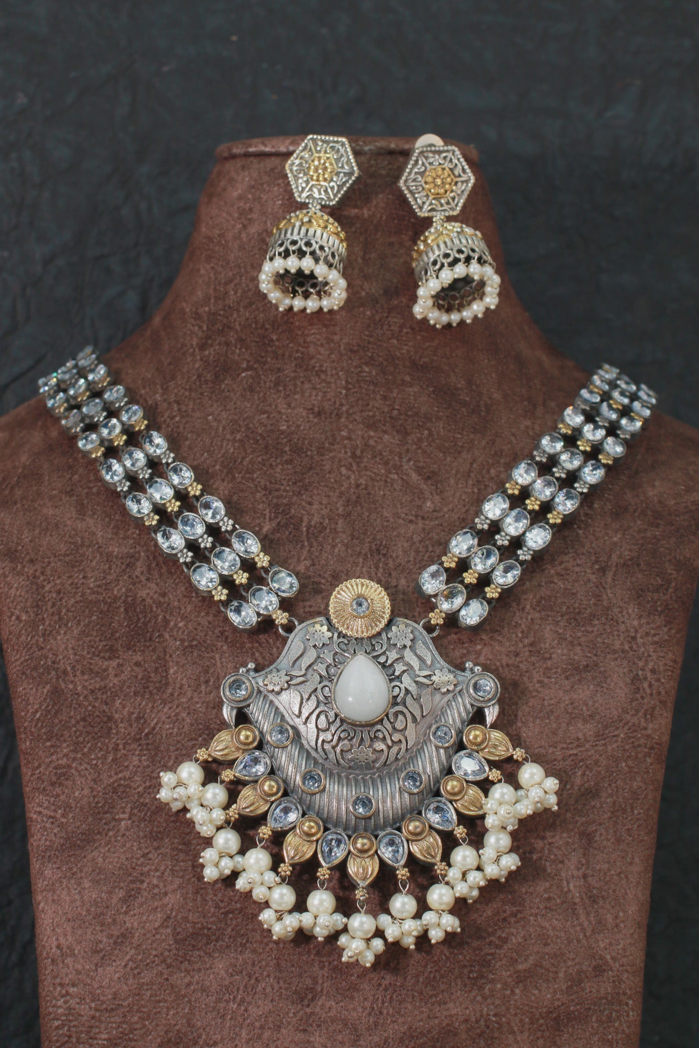 Royal Oxidised Kundan Style Necklace Set with Earrings for Women - Maxiblink