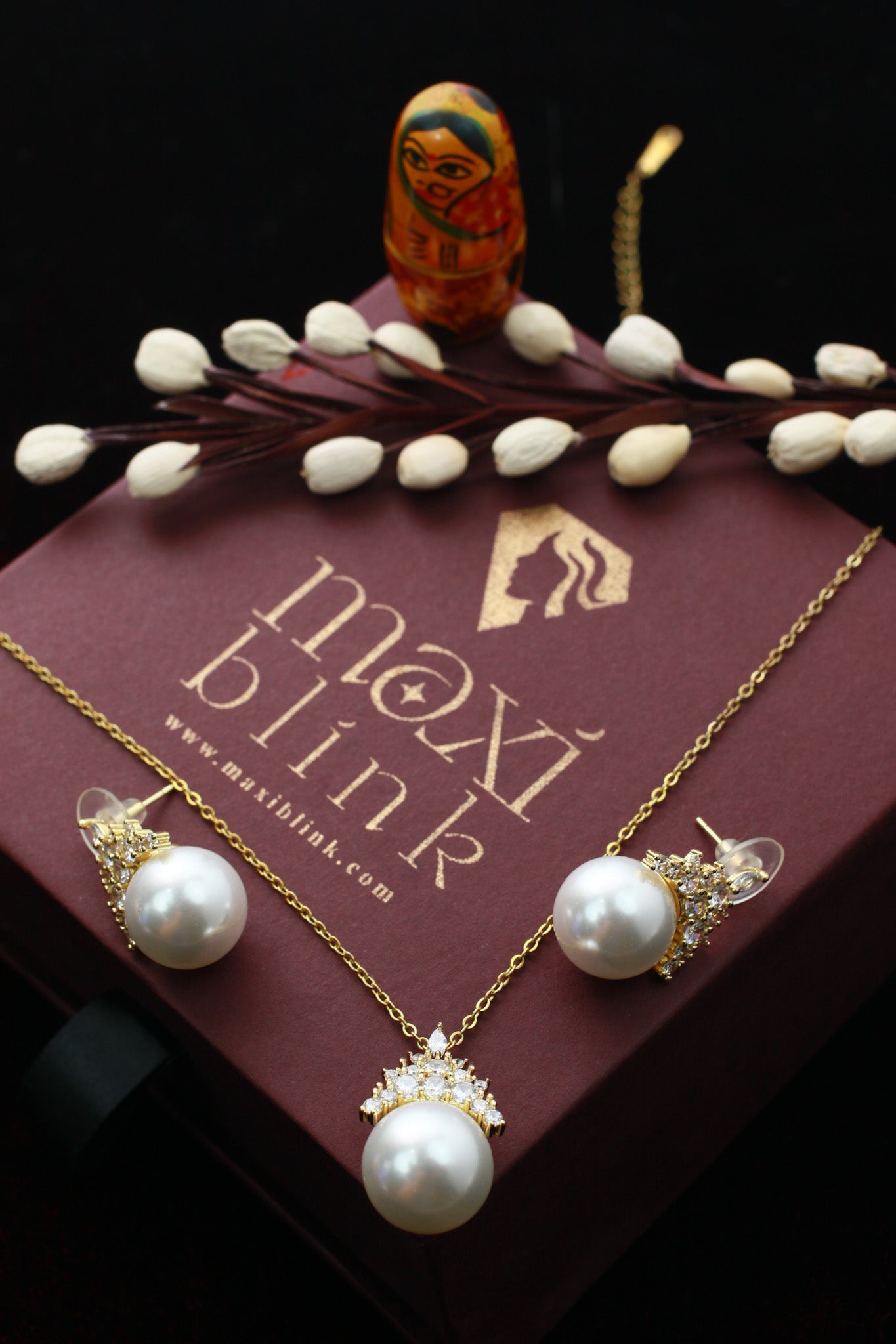 Royal Pearl Drop Pendant Set - White Pearl Necklace & Earrings | Gold Plated Luxury Finish - Maxiblink