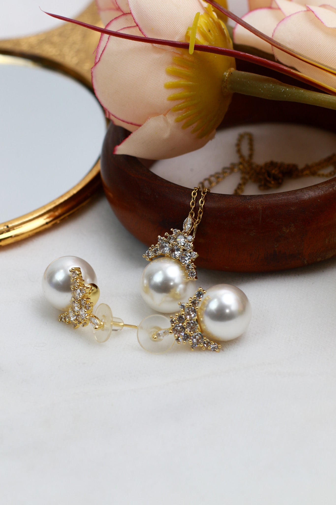 Royal Pearl Drop Pendant Set - White Pearl Necklace & Earrings | Gold Plated Luxury Finish - Maxiblink