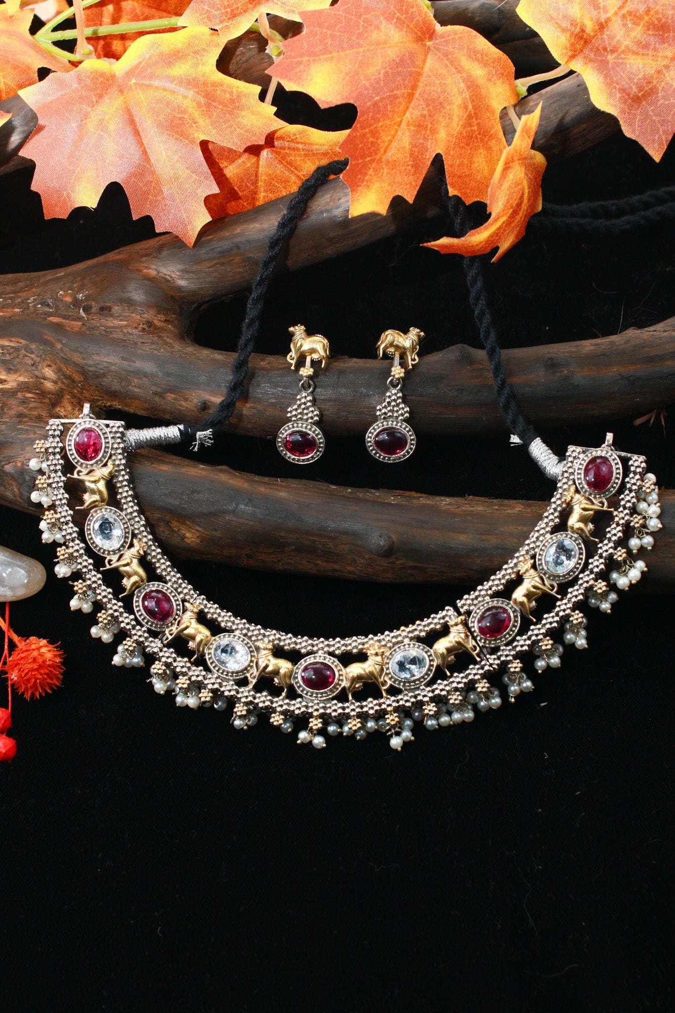 Royal Ruby Dual - Tone Elephant Temple Pearl Choker Necklace Set - Maxiblink