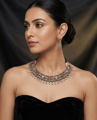 Royal Ruby Dual - Tone Elephant Temple Pearl Choker Necklace Set - Maxiblink
