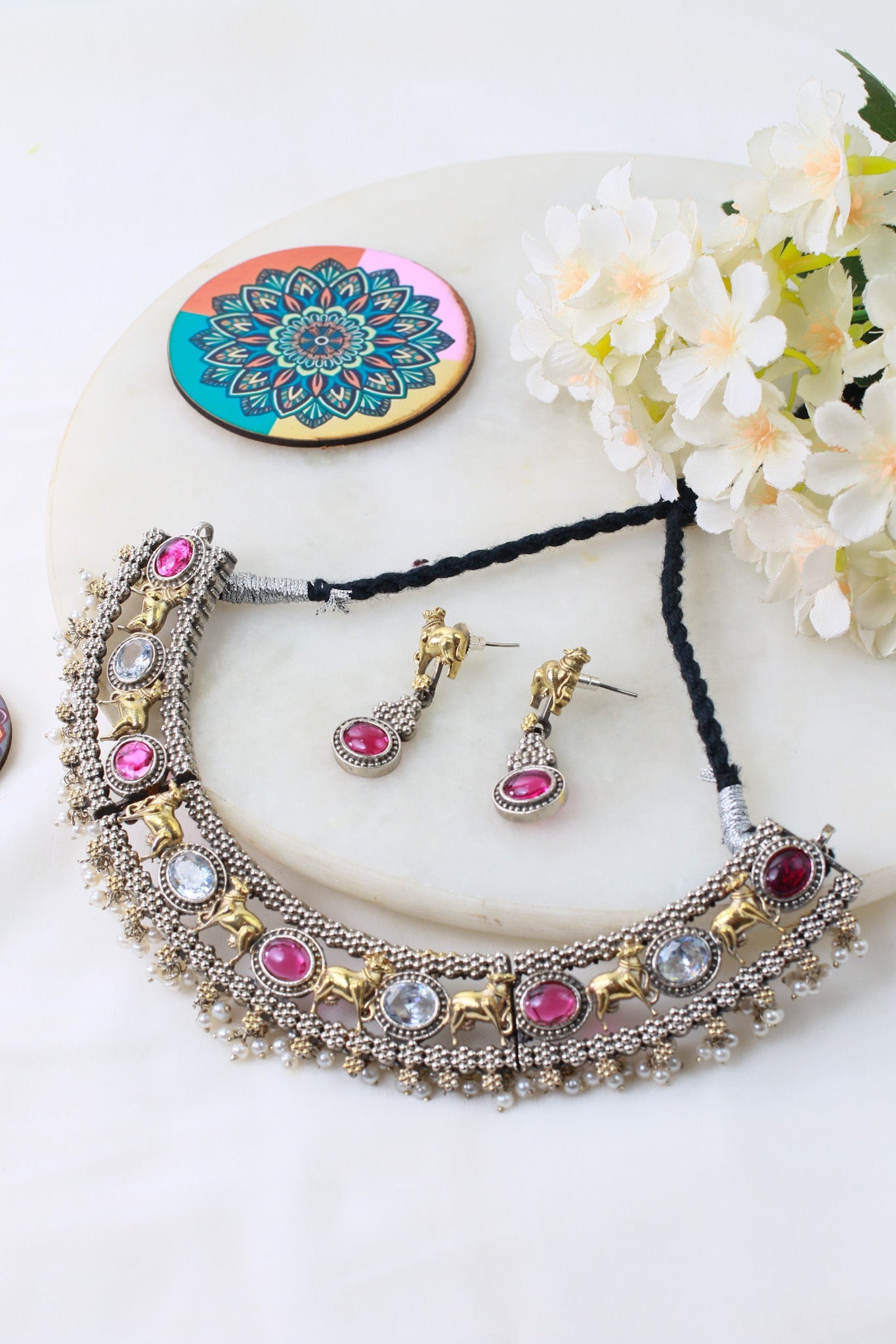 Royal Ruby Dual - Tone Elephant Temple Pearl Choker Necklace Set - Maxiblink