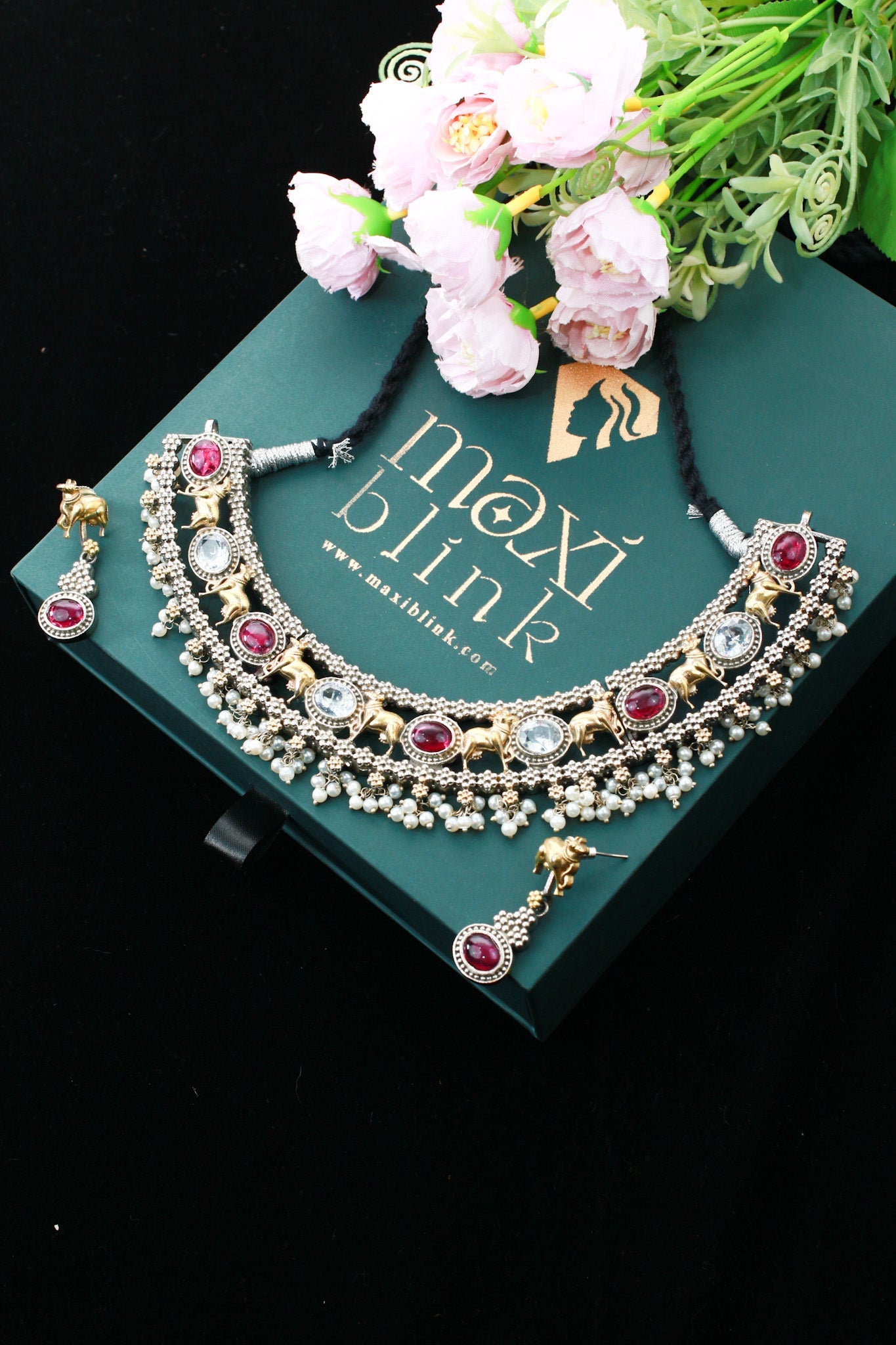 Royal Ruby Dual - Tone Elephant Temple Pearl Choker Necklace Set - Maxiblink