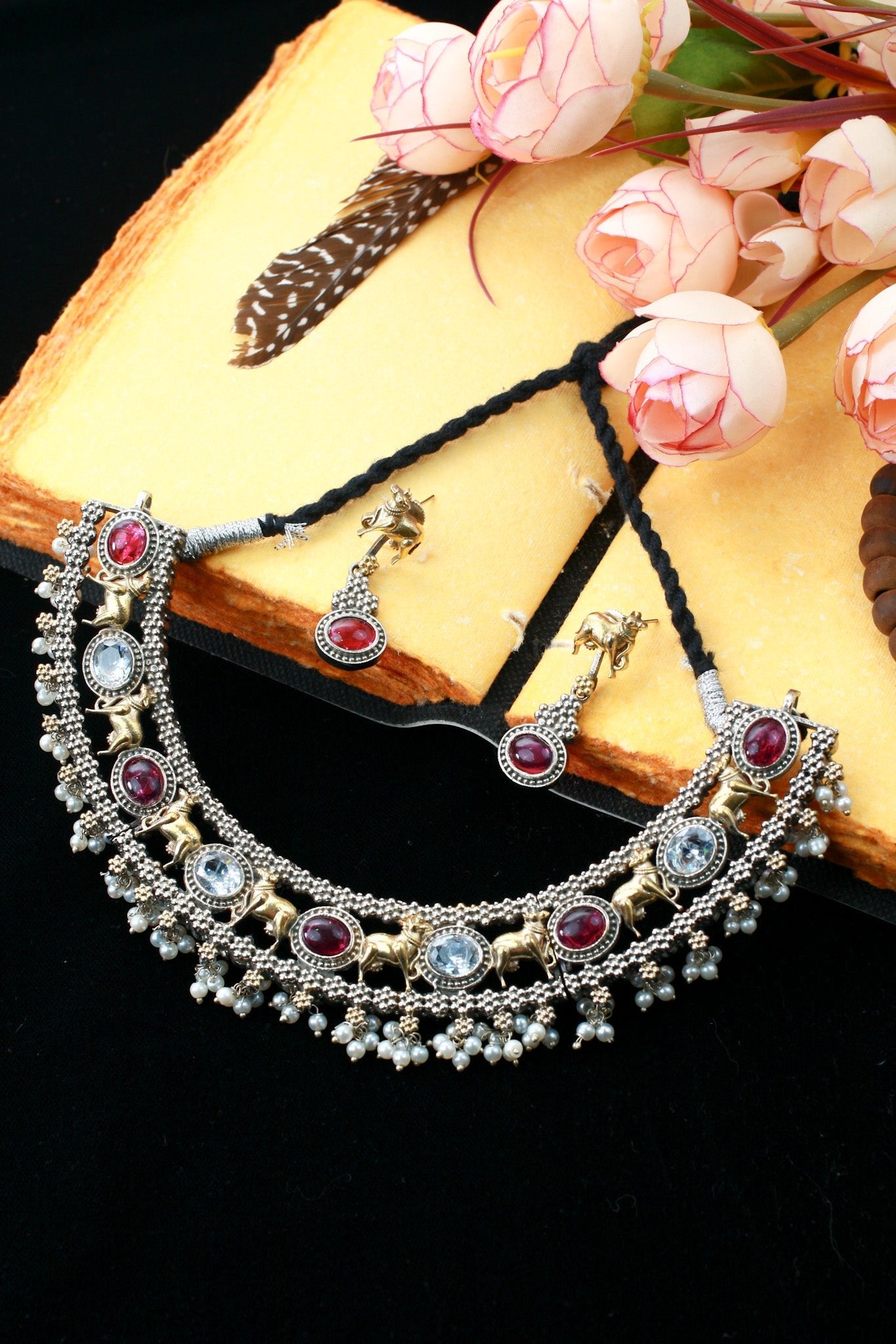 Royal Ruby Dual - Tone Elephant Temple Pearl Choker Necklace Set - Maxiblink