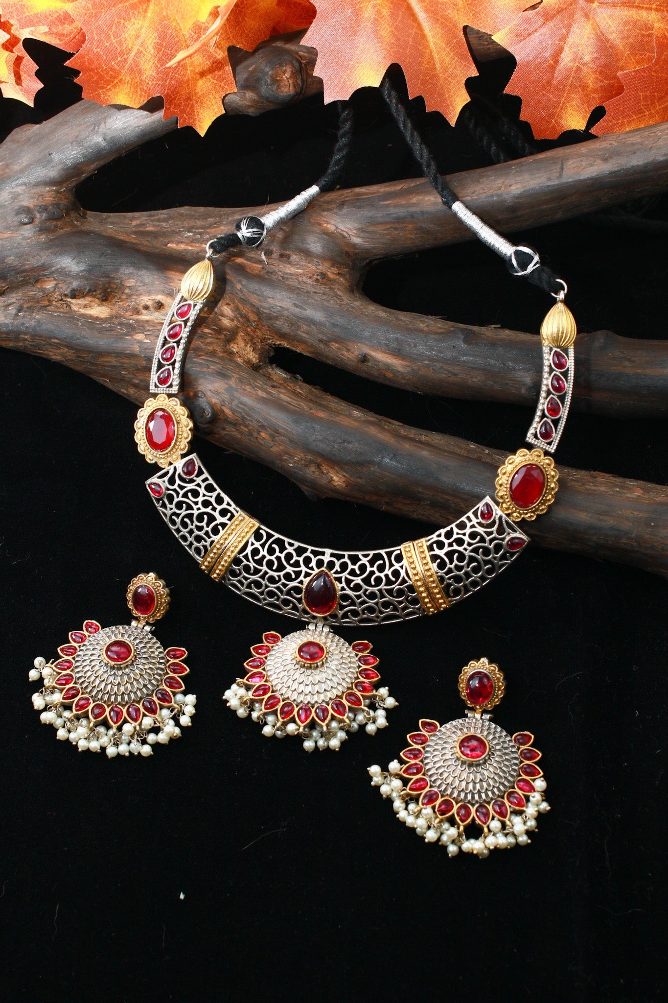 Royal Ruby Dual - Tone Floral Statement Necklace Set - Maxiblink