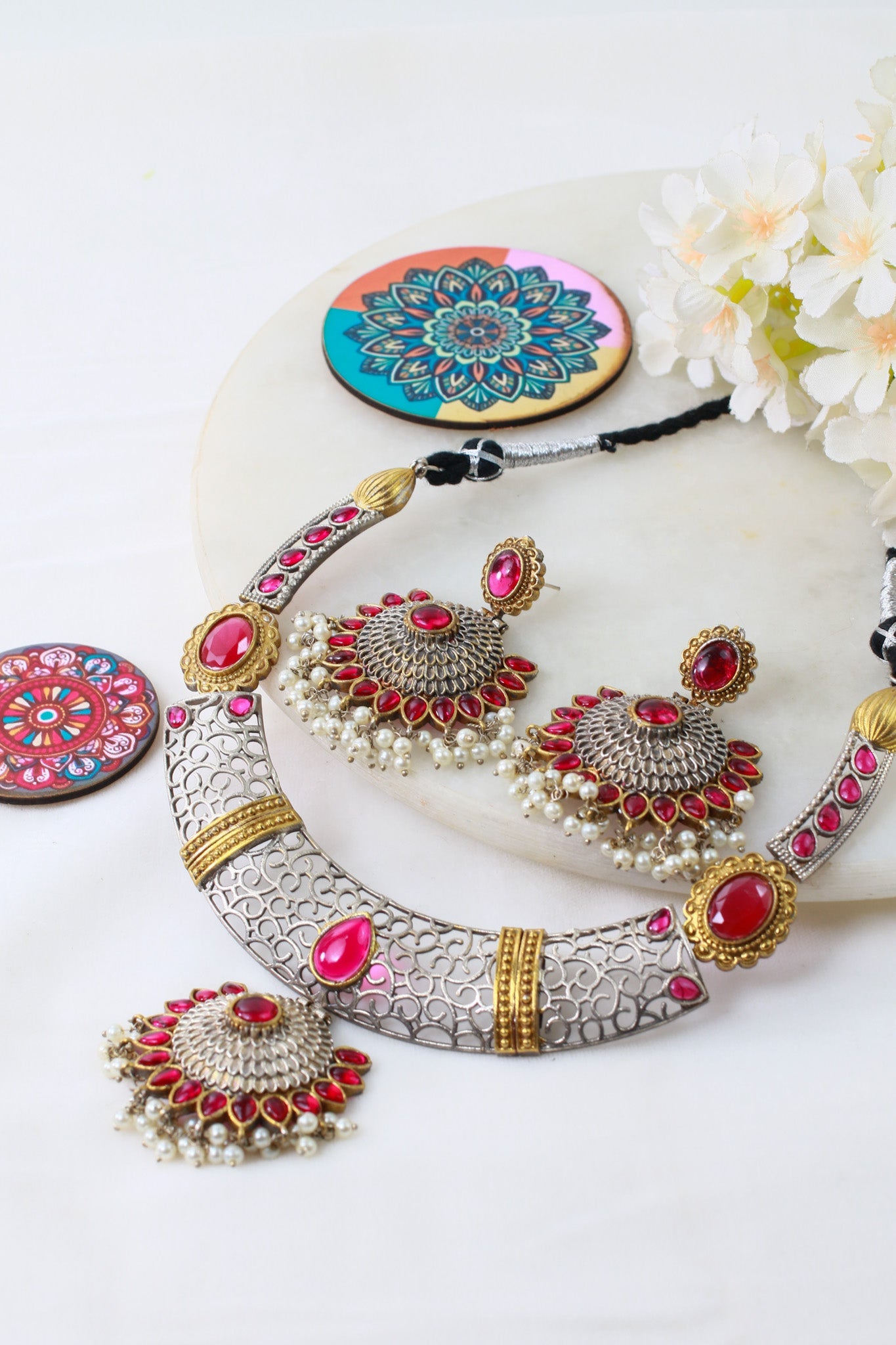 Royal Ruby Dual - Tone Floral Statement Necklace Set - Maxiblink