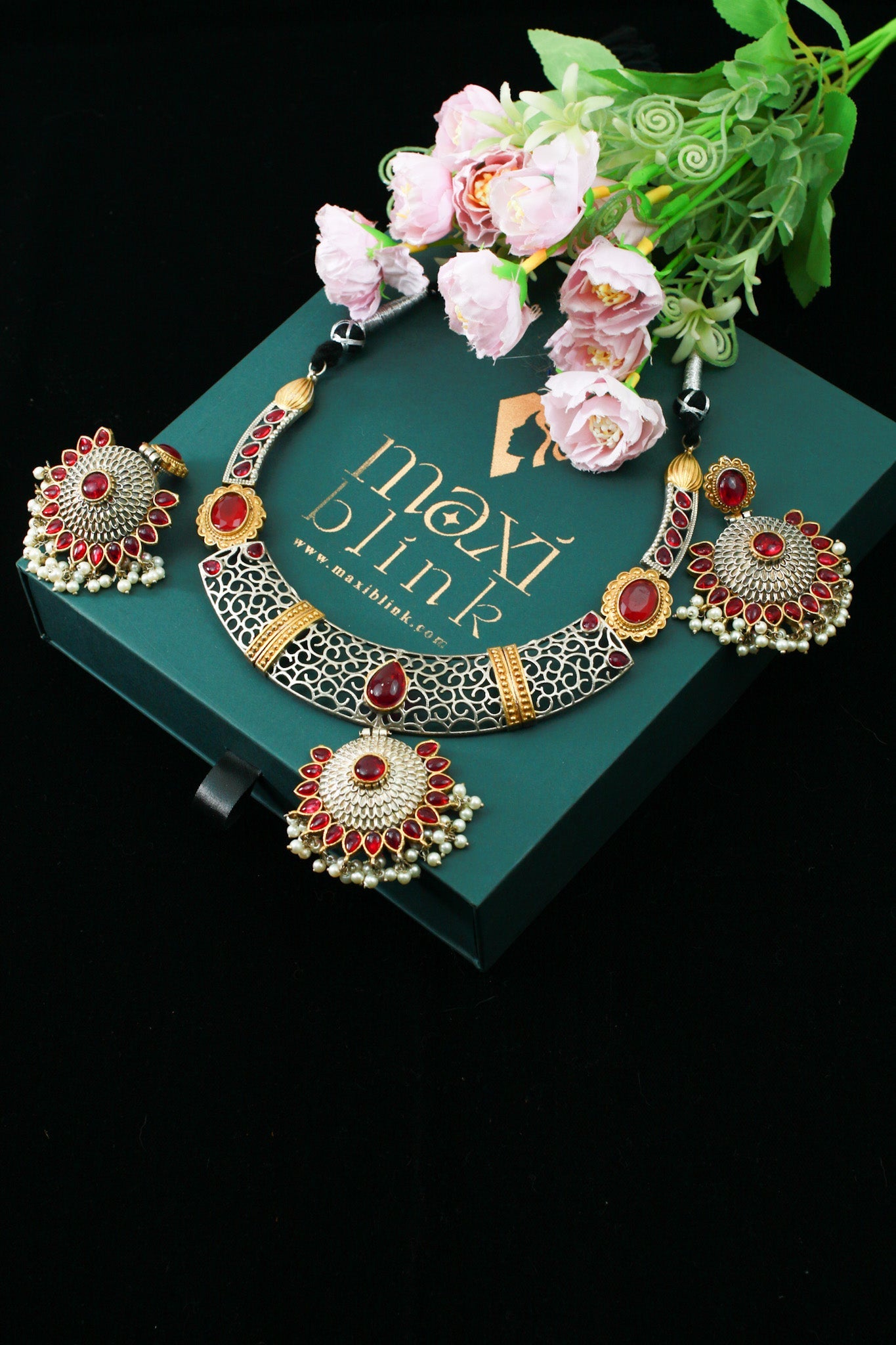 Royal Ruby Dual - Tone Floral Statement Necklace Set - Maxiblink