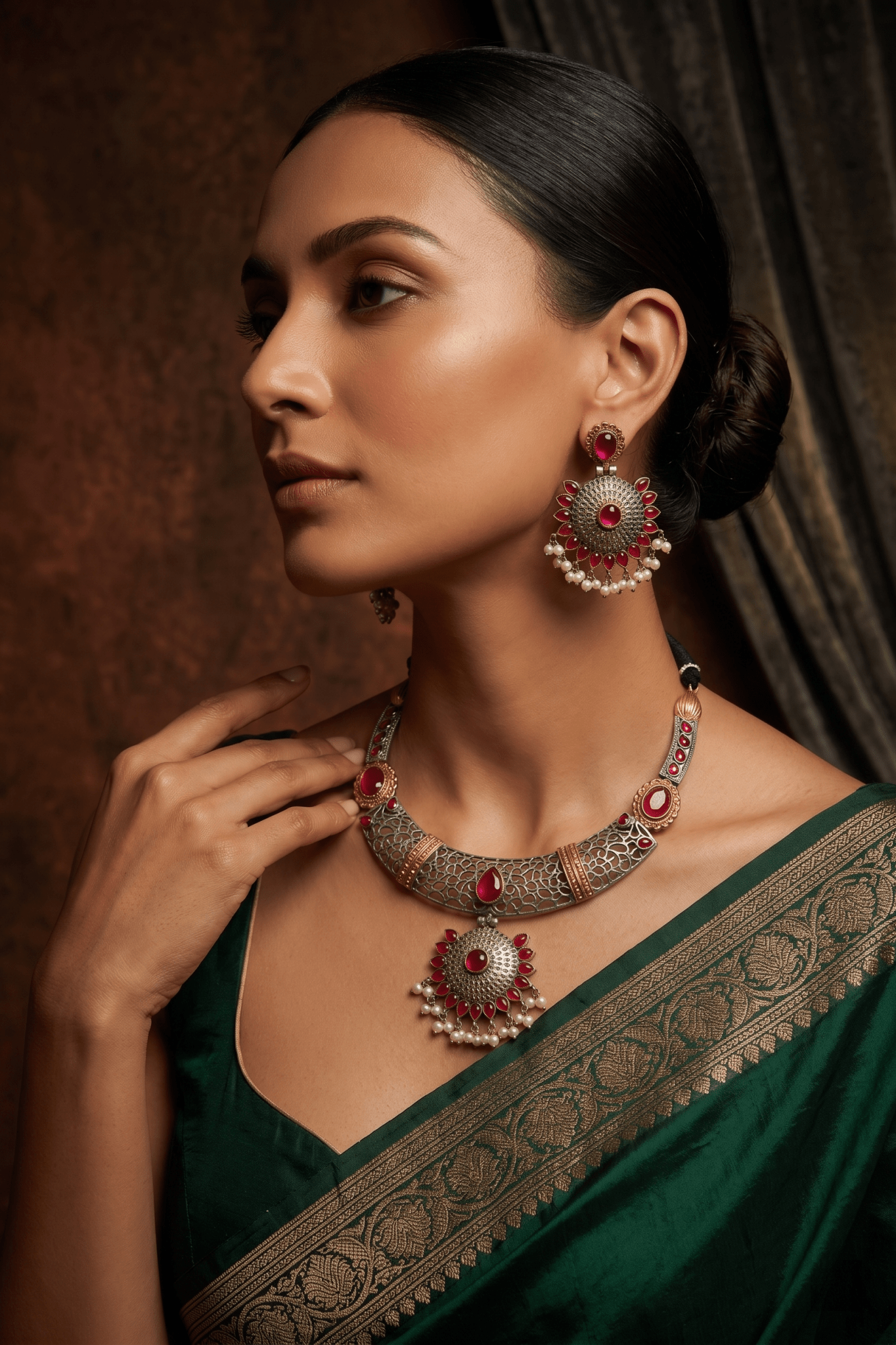 Royal Ruby Dual - Tone Floral Statement Necklace Set - Maxiblink