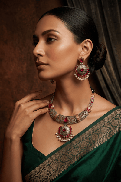 Royal Ruby Dual - Tone Floral Statement Necklace Set - Maxiblink