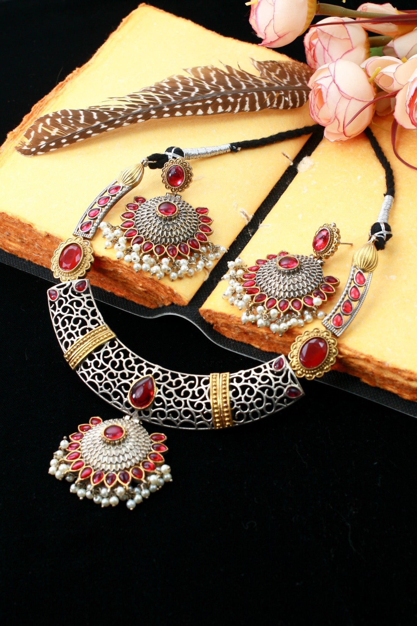 Royal Ruby Dual - Tone Floral Statement Necklace Set - Maxiblink