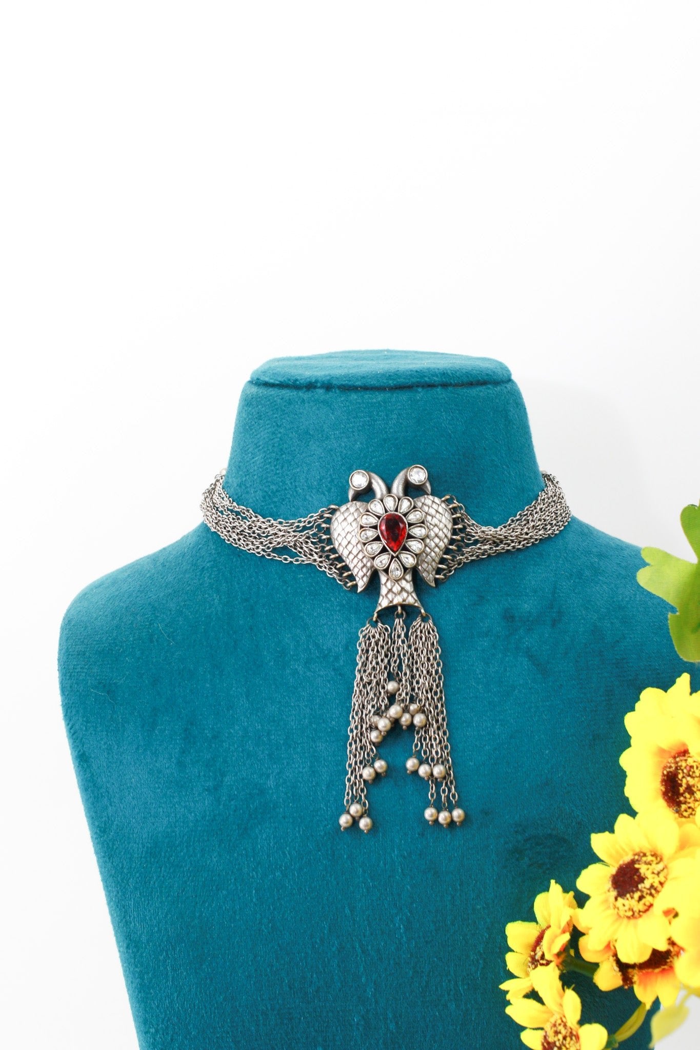 Royal Ruby Silver Swan Tassel Choker - Maxiblink