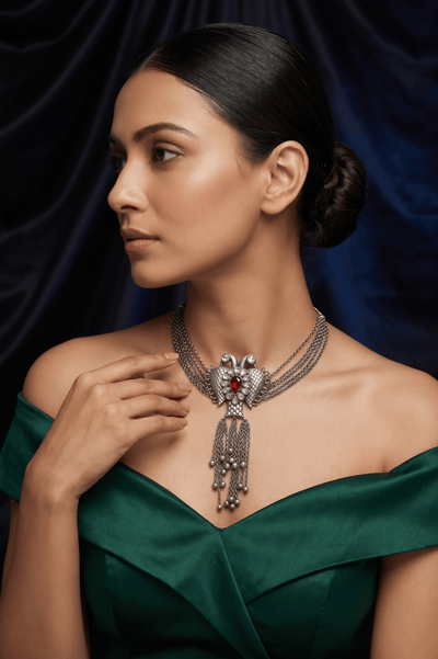 Royal Ruby Silver Swan Tassel Choker - Maxiblink