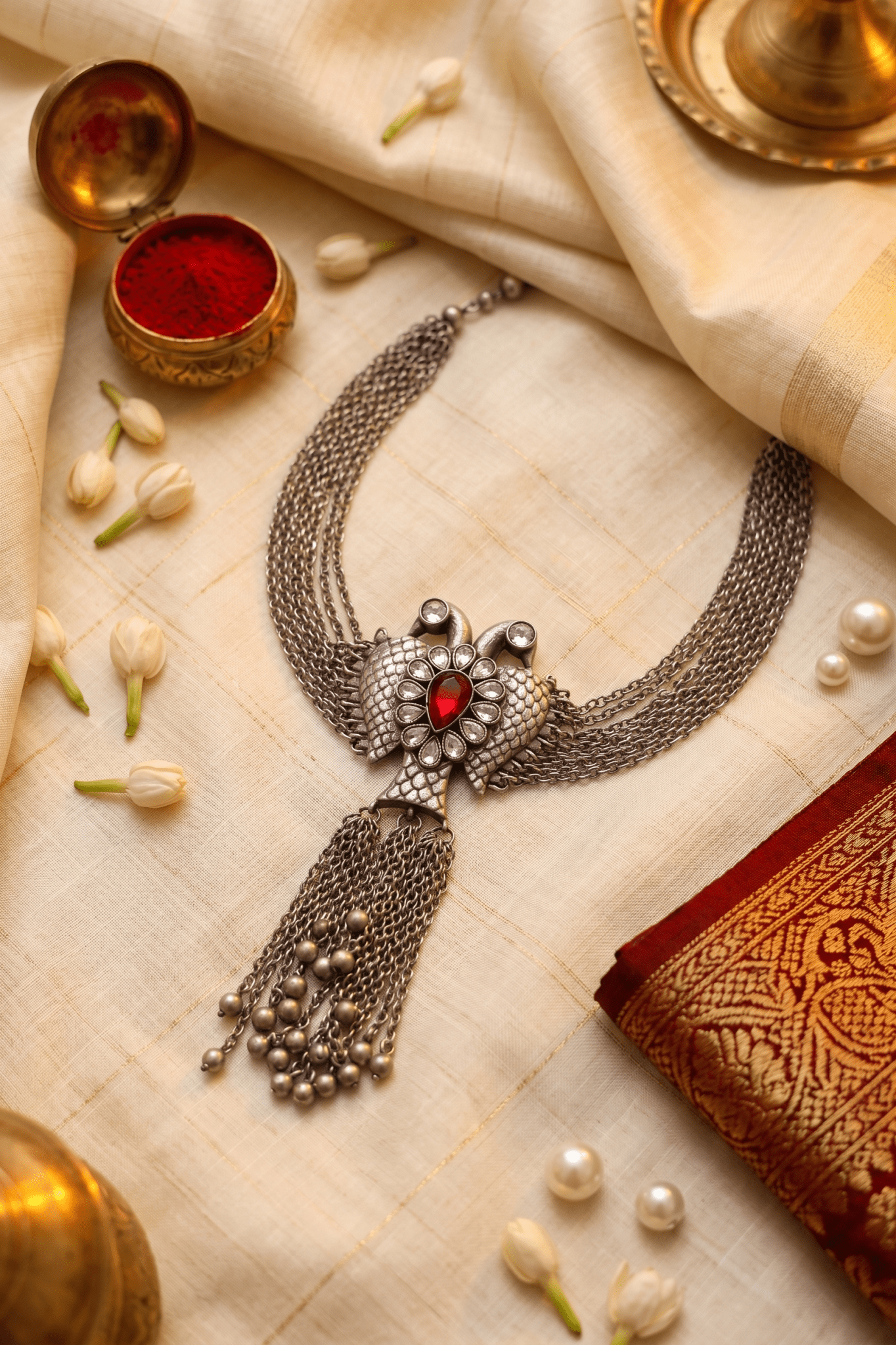 Royal Ruby Silver Swan Tassel Choker - Maxiblink