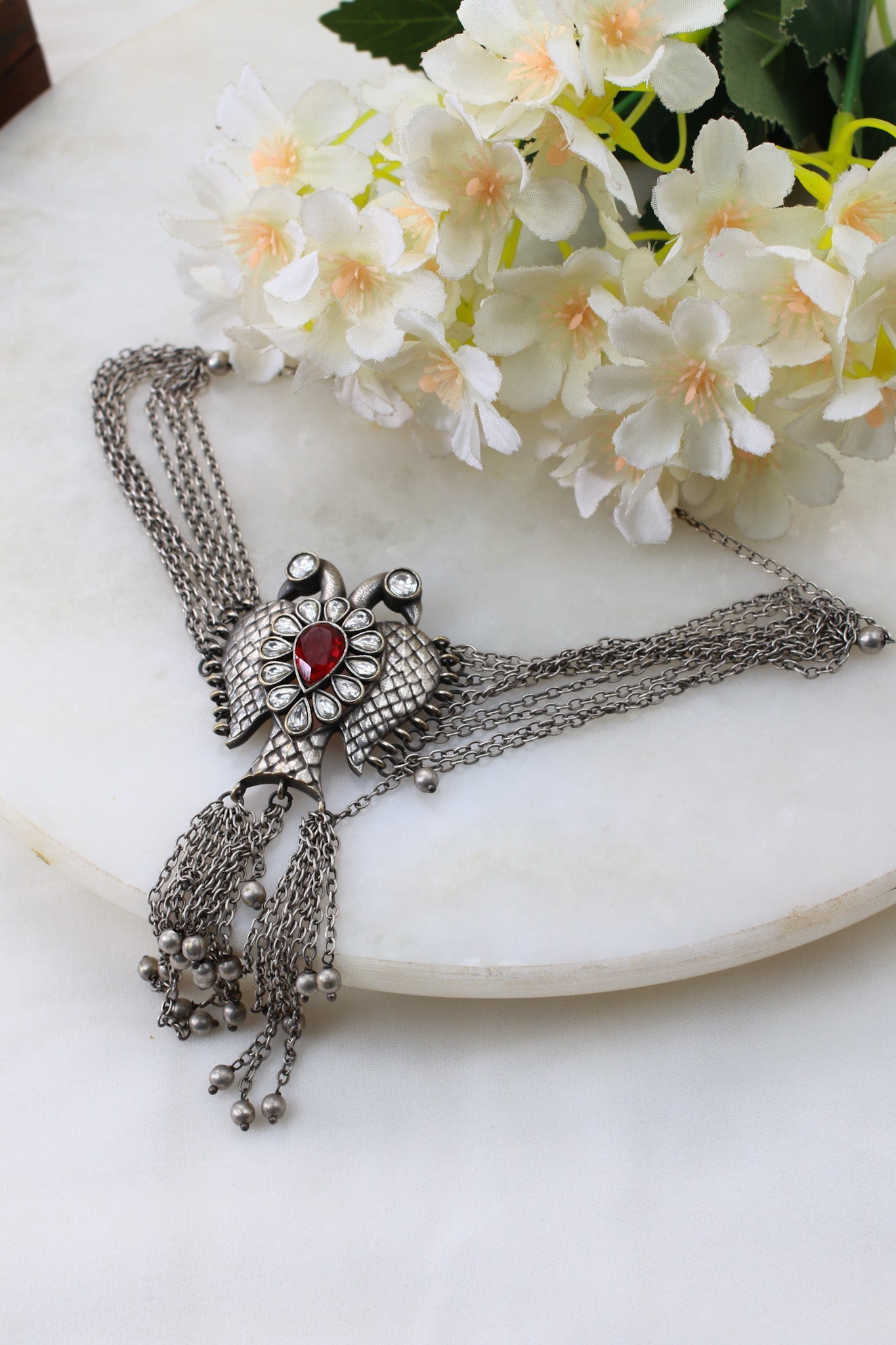 Royal Ruby Silver Swan Tassel Choker - Maxiblink