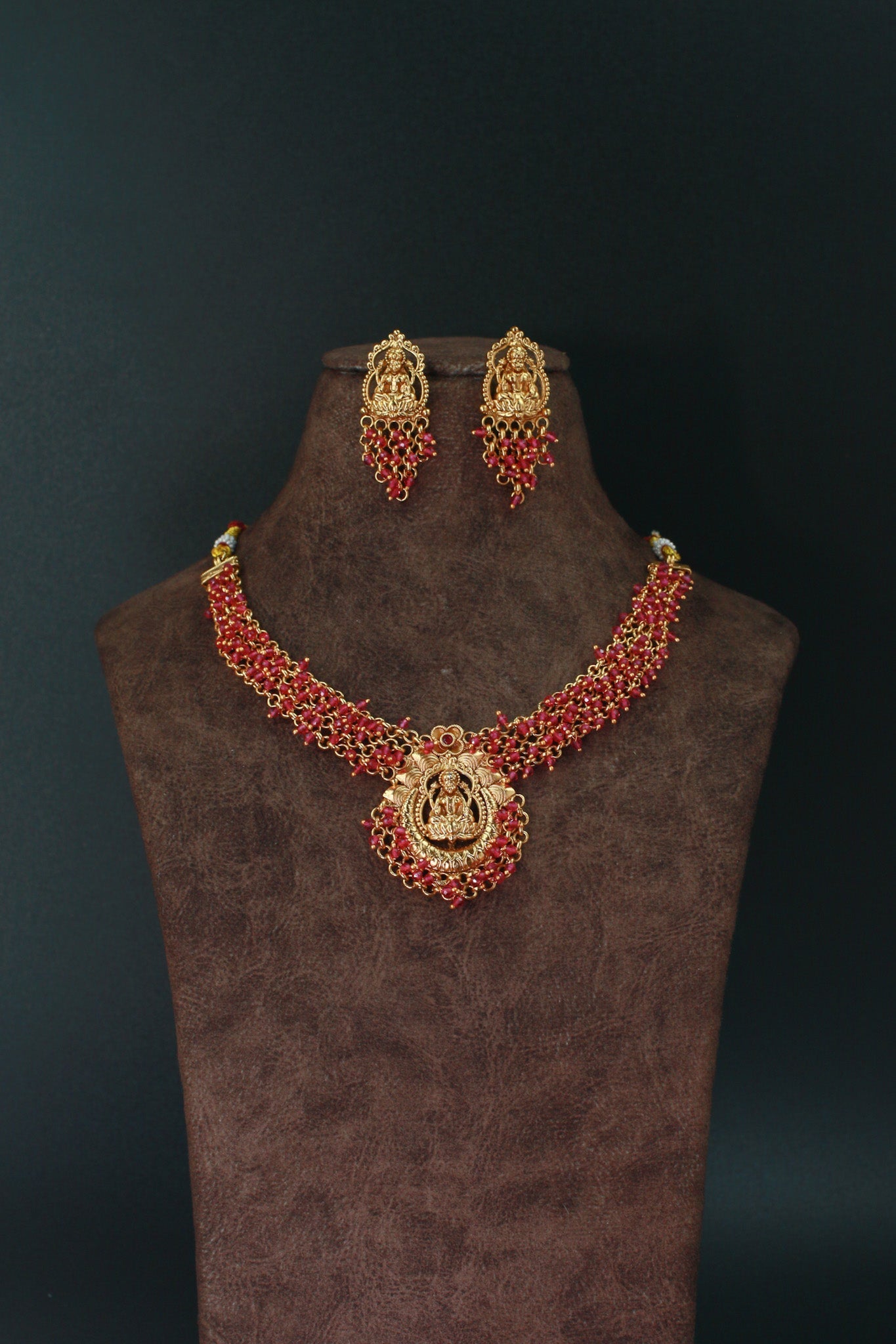 Ruby Bead Temple Necklace with Lakshmi Pendant - Maxiblink