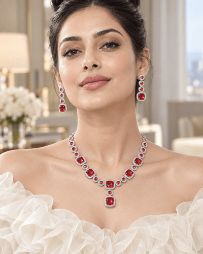 Ruby Cushion Cluster Necklace Set - Maxiblink