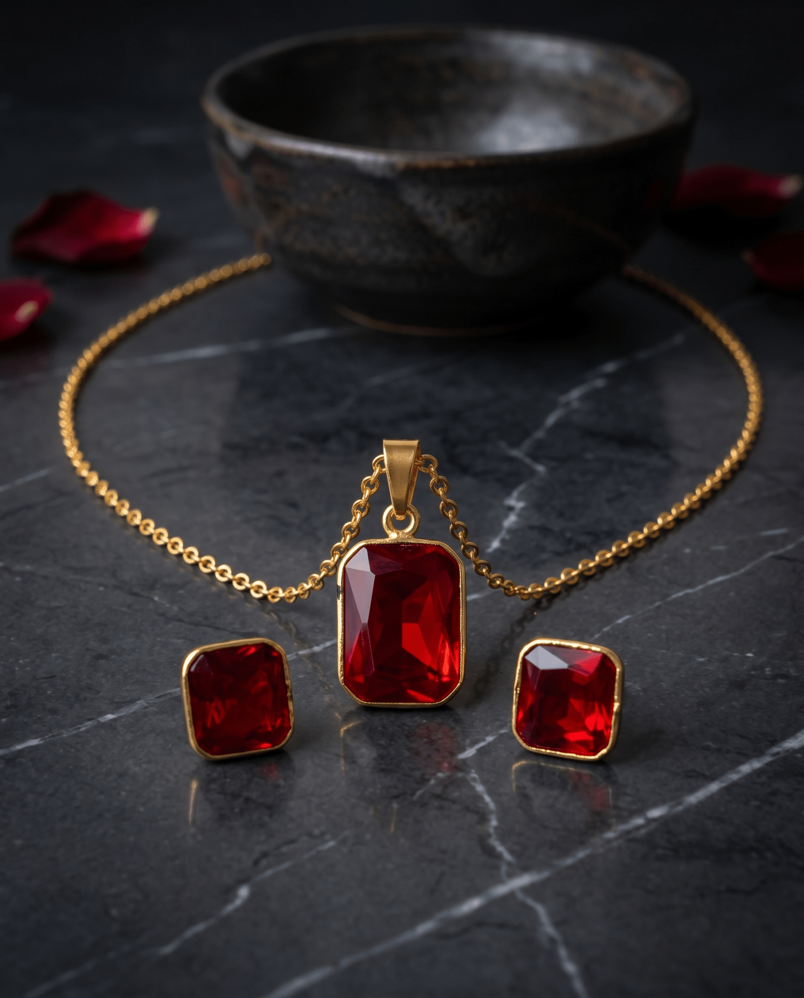 Ruby Rectangle Crystal Pendant Set - Maxiblink