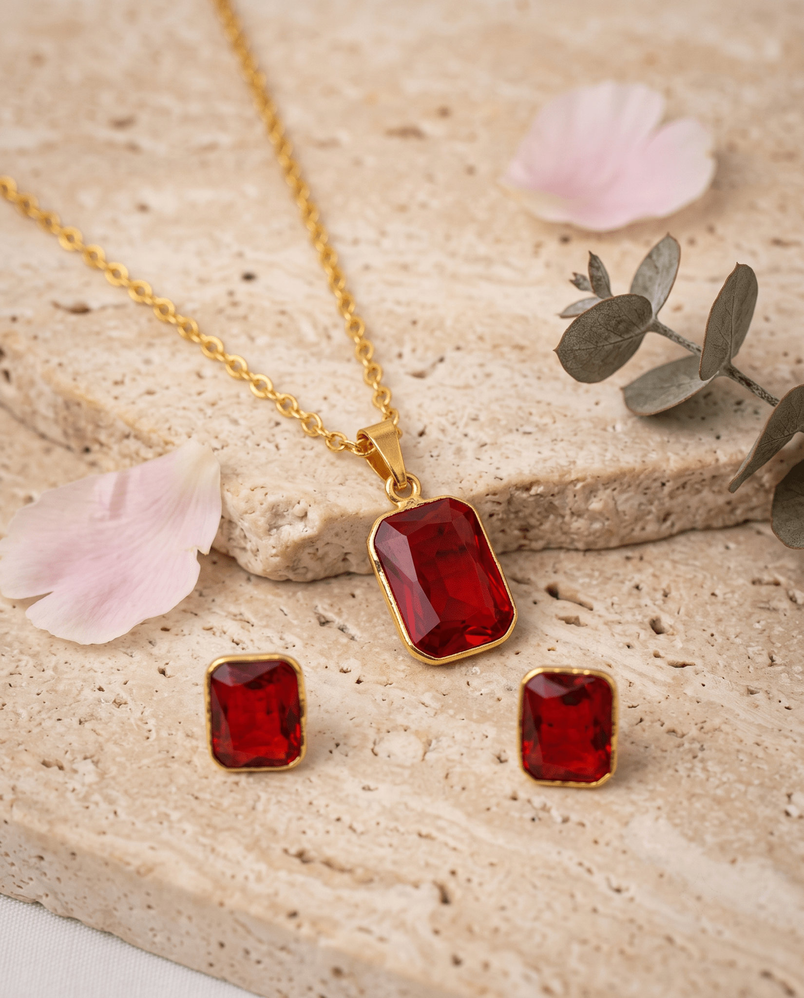 Ruby Rectangle Crystal Pendant Set - Maxiblink