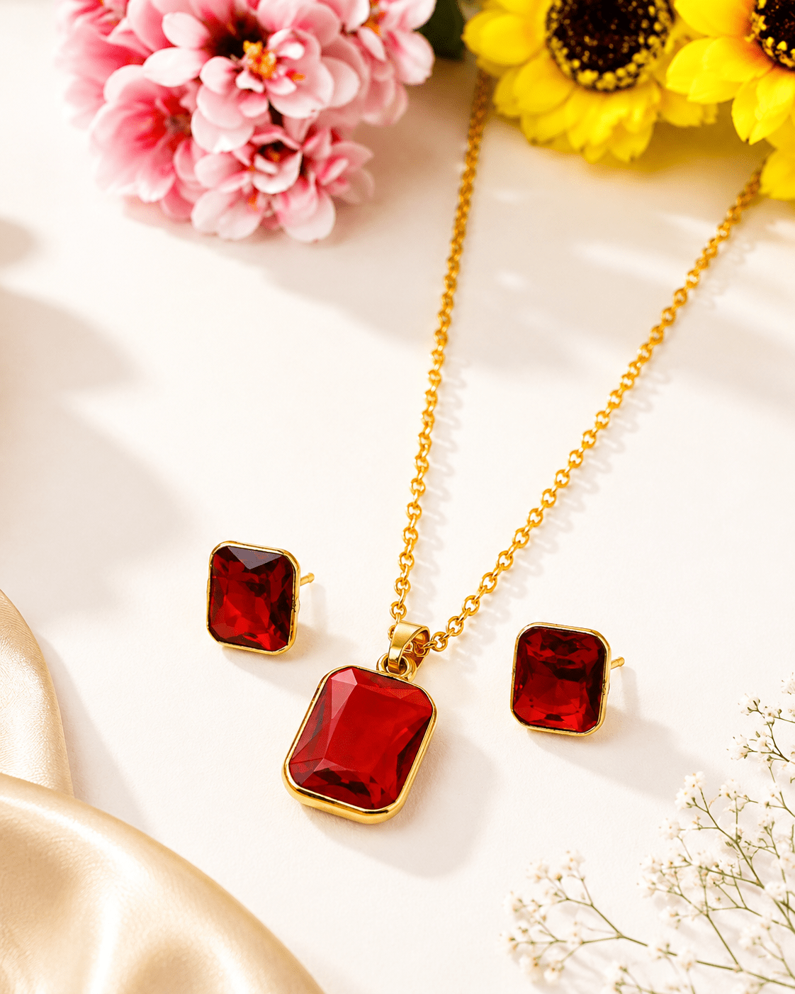 Ruby Rectangle Crystal Pendant Set - Maxiblink