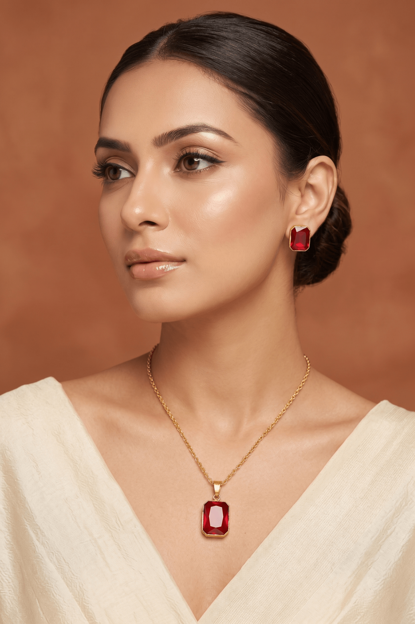 Ruby Rectangle Crystal Pendant Set - Maxiblink