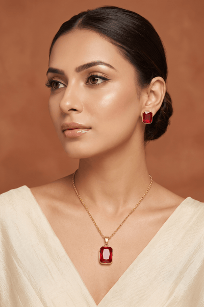 Ruby Rectangle Crystal Pendant Set - Maxiblink